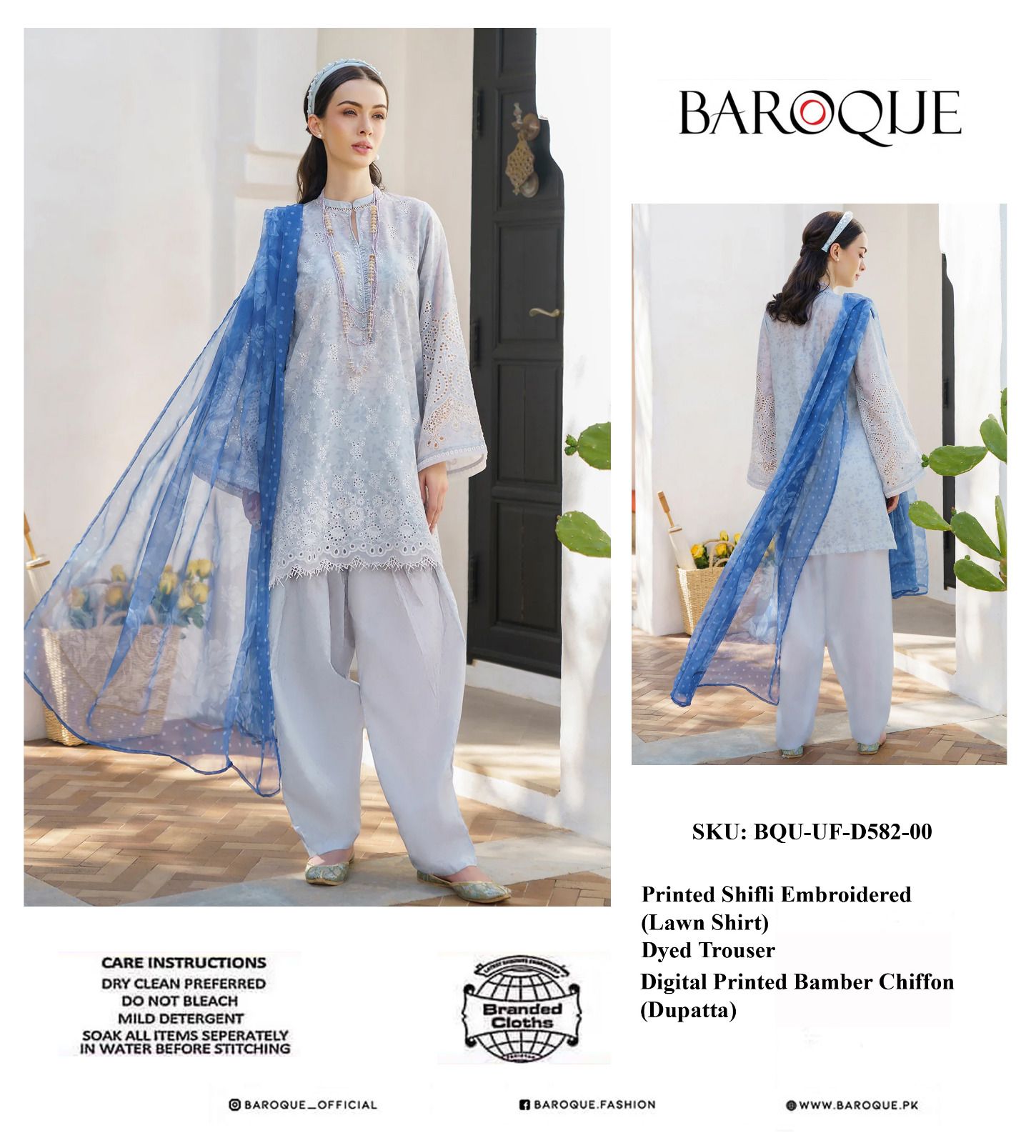 Baroque: 3Piece Lawn & Chiffon Ensemble with Shifli Embroidery