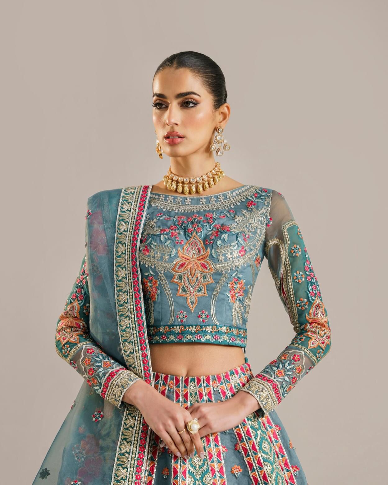 Akber Aslam: 3Piece Lajwanti: Organza with Heavy Embroidery and Zari Art