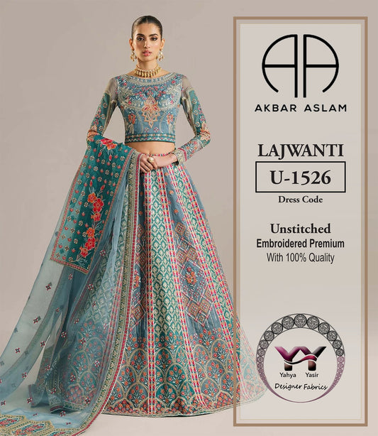 Akber Aslam: 3Piece Lajwanti: Organza with Heavy Embroidery and Zari Art