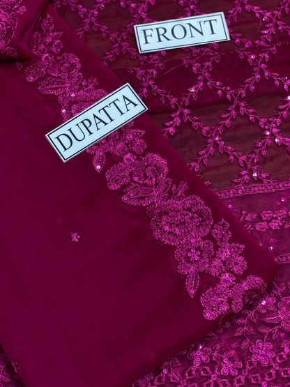 Azure: 3Piece Chiffon Embroidered Shirt & Dupatta with Malai Trouser