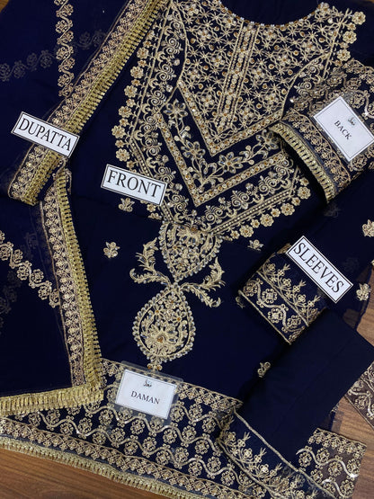 Asim jofa: 3Piece Chiffon heavy embroided & Malai trouser