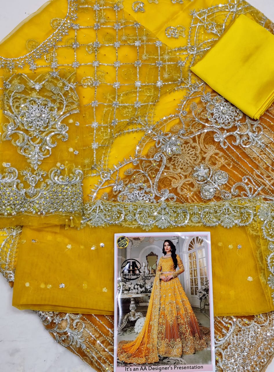 Maria B: 3Piece Exclusive Handworked Imported Net Suit with Zari